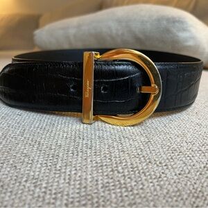 Salvatore Ferragamo Black Croc-Embossed Belt with Gold Buckle